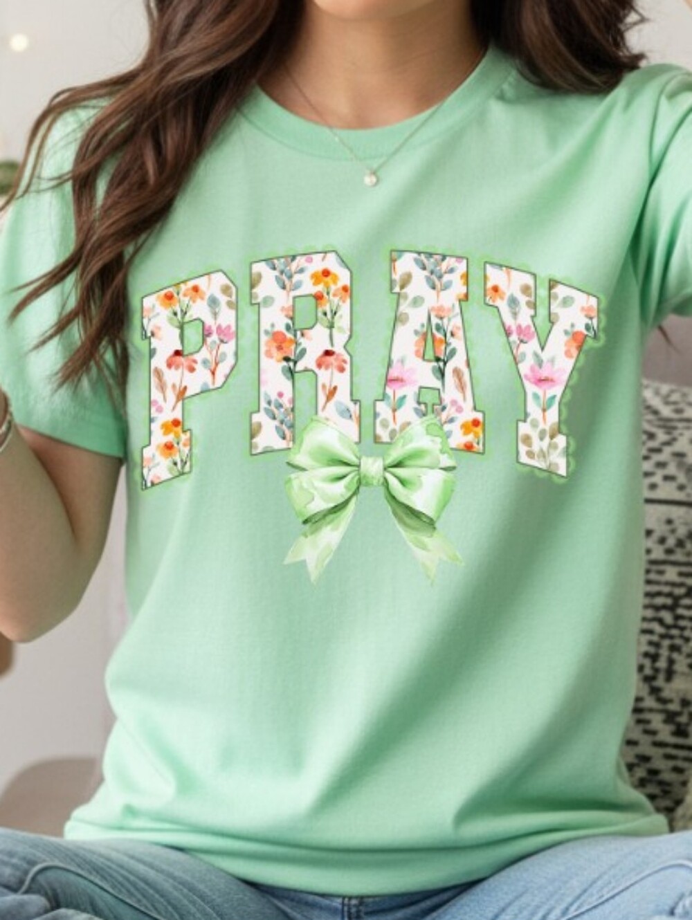Gildan Mint Green "PLAY" Floral Appliqué Short Sleeve Tee
